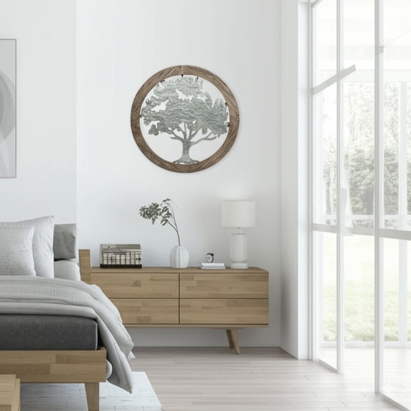 HOSLEY Rustic 20" Round Wood and Metal Tree Decorative Wall Art
