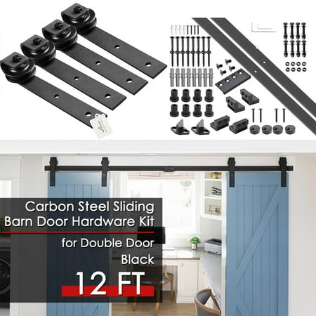 Stop Sliding Door YesHom 12ft Double Barn Wood Door Rustic Sliding Hardware Roller Track Set with 4x Door Stoppers Black ()