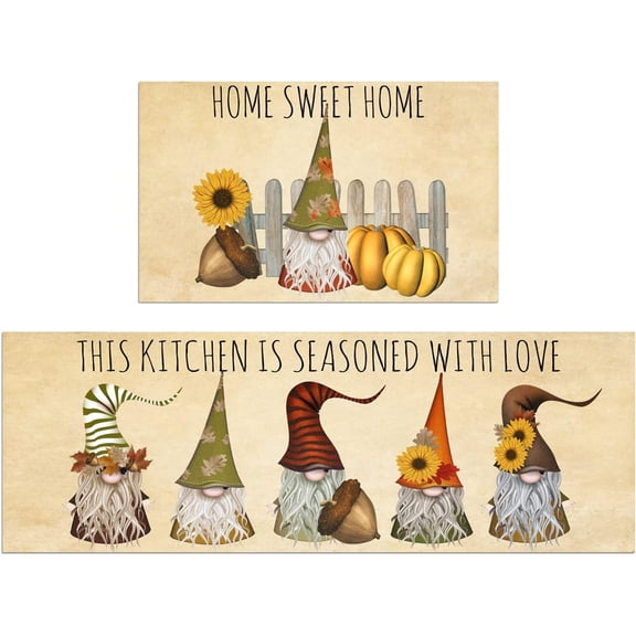 Fall Gnome Kitchen Mat Set of 2 Non Slip Thick Kitchen Rugs and Mats for Floor Comfort Standing Mats for Kitchen, Sink, Office, Laundry, 17"x47" 17"x28"