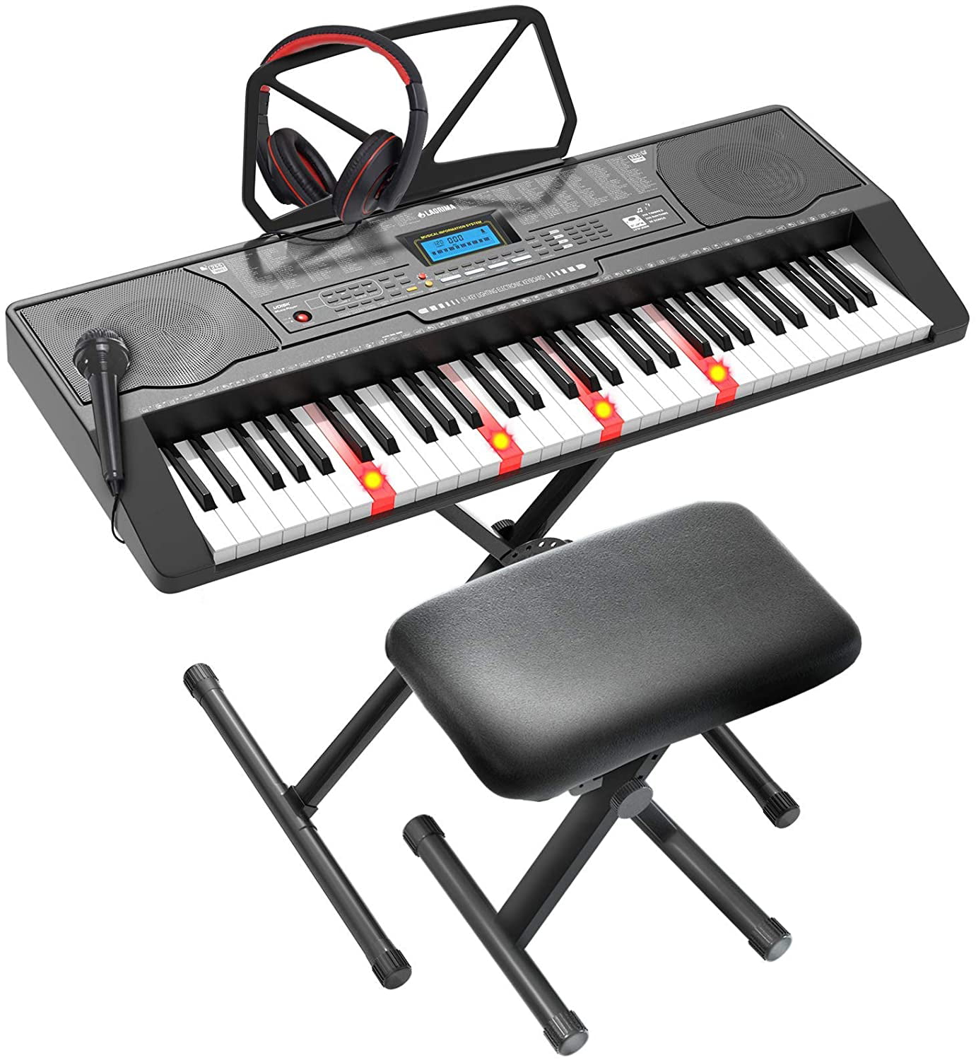 LAGRIMA 61 Key Electric Keyboard Piano with Stand, Smart Light Up for Beginner, Lighted Portable Keyboard w/Music Player Function, Micphone, Supply, Music Stand, Adjustable Stool, Black - Walmart.com