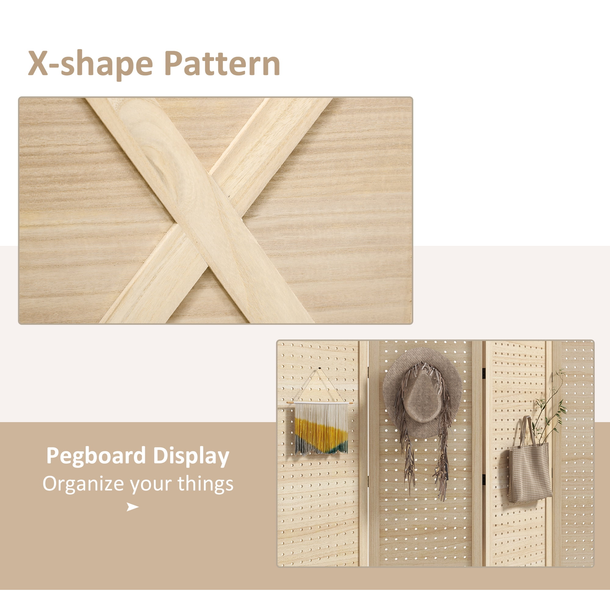 HOMCOM 4.7' 4 Panel Room Divider with Pegboard Display for Indoor, Natural