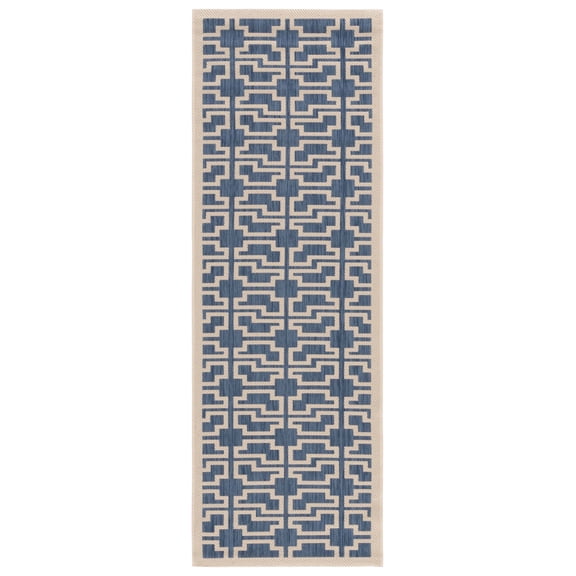 SAFAVIEH Courtyard Thurstan Geometric Indoor/Outdoor Runner Rug, 2'3" x 6'7", Blue/Beige