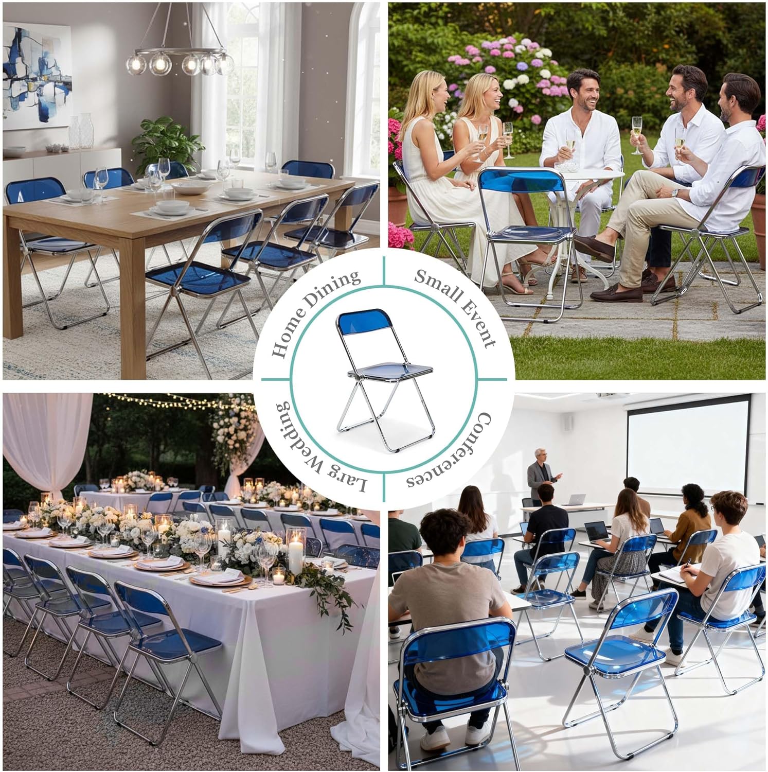 EventStable Clear Acrylic Folding Chair with Electroplate Chrome Frame, Lightweight Portable Seating Stackable Comfortable Chair for Indoor Outdoor Dining, Events & Parties - Cobalt Blue - 4-Pack