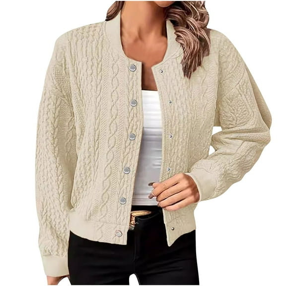 Jamicy Cropped Cardigan for Women 2025 Fall Women's Long Sleeve Sweater Cardigan Cable Knit Open Front Button Outwear Coats