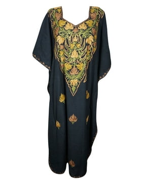 Mogul Womens Black Floral Embroidered Maxi Caftan Tunic DRESS 3X