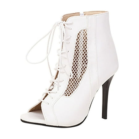 Penkiiy Women s Summer Lace-up Casual Peep Toe Leopard Hollow Out Sandals High Heels Shoes Fashion Ankle Boots