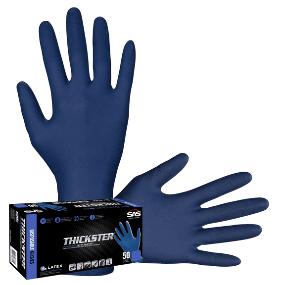 Thickster Powdered Latex Disposable Gloves. Size 2X-Large. Blue Color, 14 mil Thickness, 12" Length. Fully Textured for Superior Grip. Single Use. Pack of 50. (6605)