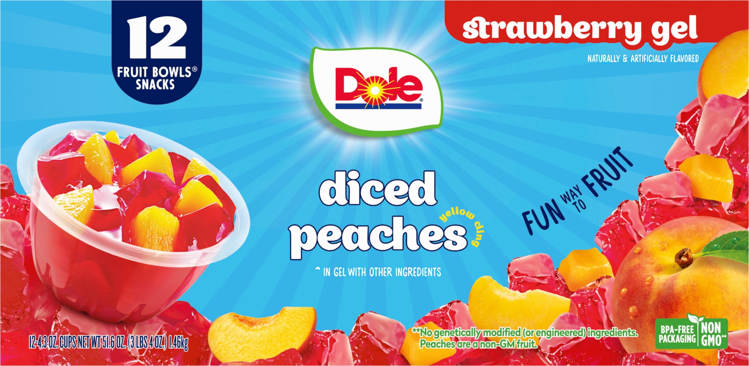 (2 pack) Dole Fruit Bowls Diced Peaches in Strawberry Gel, 4.3 oz Cups (12 Pack)