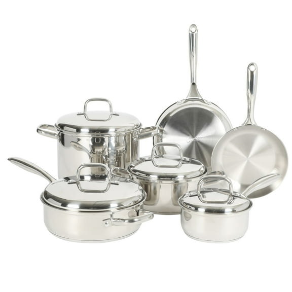 Oster Platinum Sedwick Stackable Stainless Steel Pots and Pans Cookware Set W/ Domed Stainless Steel Lids W/ TriPly Encapsulated Base - Induction Safe