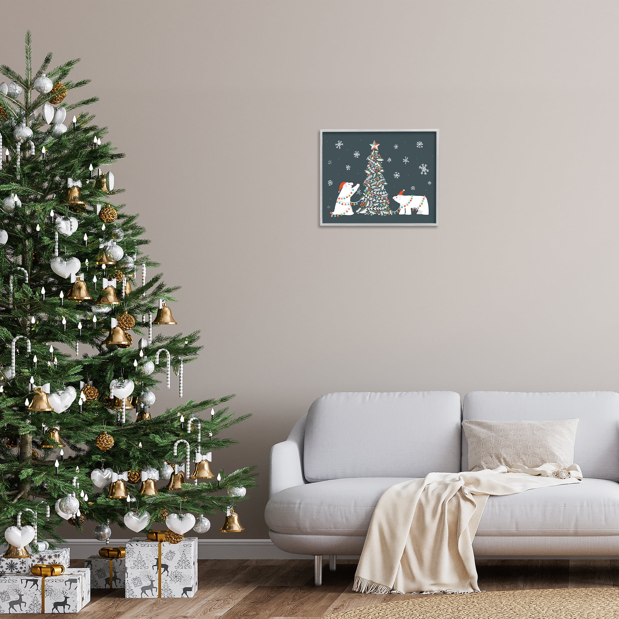 Stupell Industries Polar Bears with Christmas Tree Holiday Painting Gray Framed Art Prints Wall Art, 20 x 16