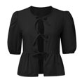 thumbnail image 1 of Womens Summer Tops Strap Front Top Leopard Print Ruffle 3/4 Length Puff Sleeve Hat Womens Shirts Black S, 1 of 5