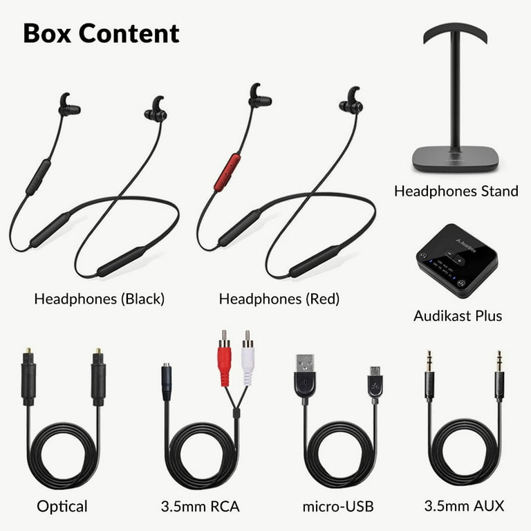 Avantree HT41866 Wireless Earbuds for TV Listening Set of 2 with Bluetooth Transmitter Individual Volume Control 20Hrs Neckband Headphones Plug