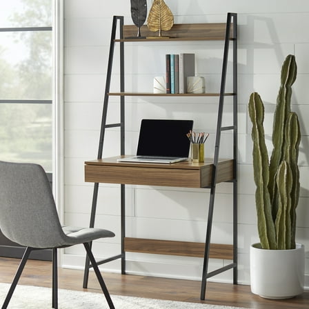 TMS Denton Vertical Metal Frame Ladder Desk, Walnut and Black Finish