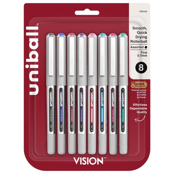uniball Vision Rollerball Pens, Fine Point, 0.7mm, Assorted Colors, 8 Count