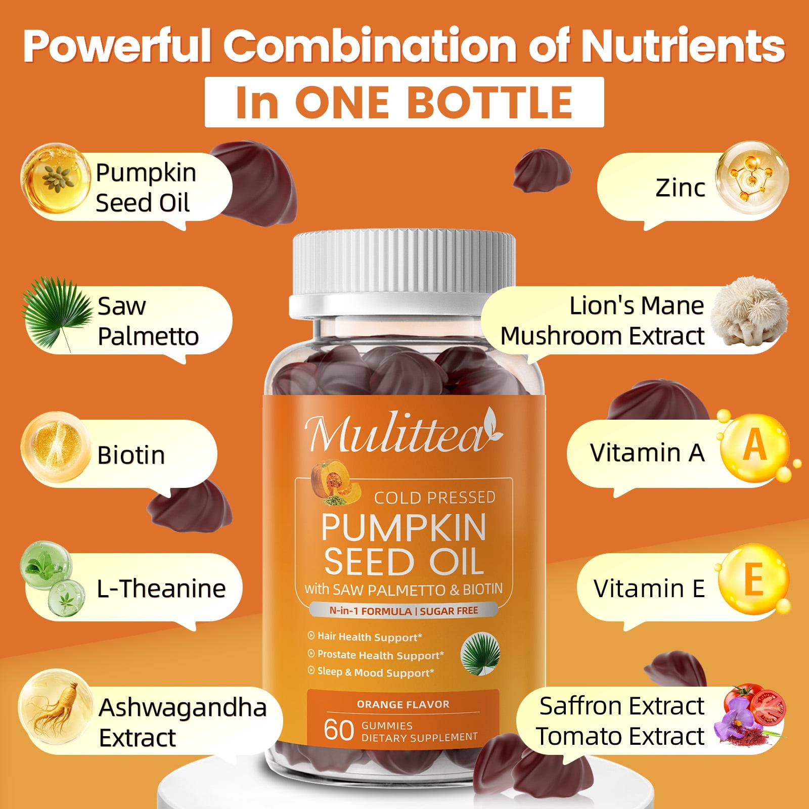 Pumpkin Seed Oil Gummies for Prostate Health, Immune & Urinary Tract Support, Hair & Skin Health - Cold Pressed Pumpkin Seed Oil with Saw palmetto - Vegan, Sugar Free - Orange Flavor, 120 Count