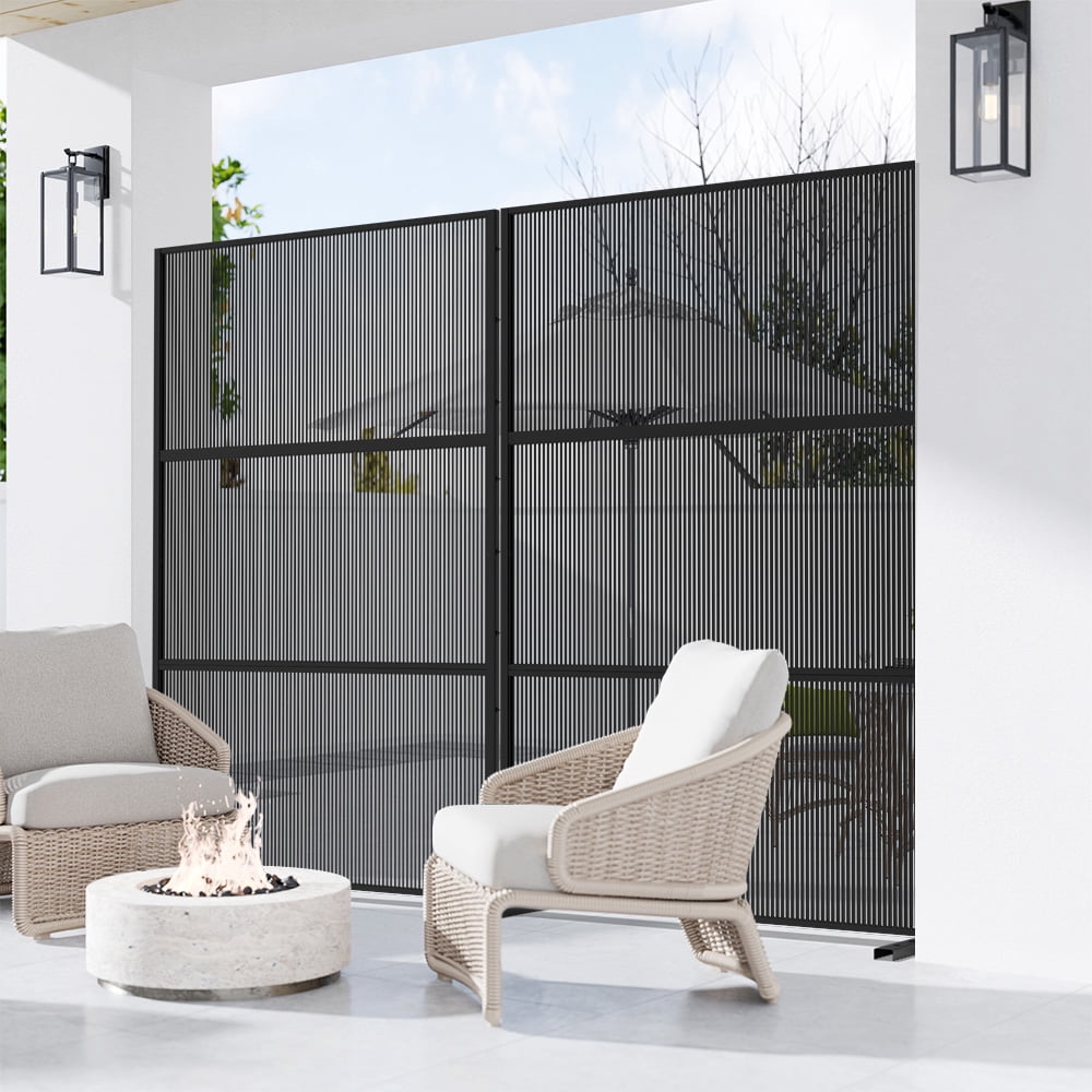 MAYEERTY 72×47" Outdoor Black Rattan Privacy Panel Screen for Backyard & Garden, Horizontal Striped Pattern