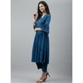 thumbnail image 5 of Janasya Blue Crepe V-neck 3/4th Flared Sleeves Solid Angrakha Kurta, 5 of 8
