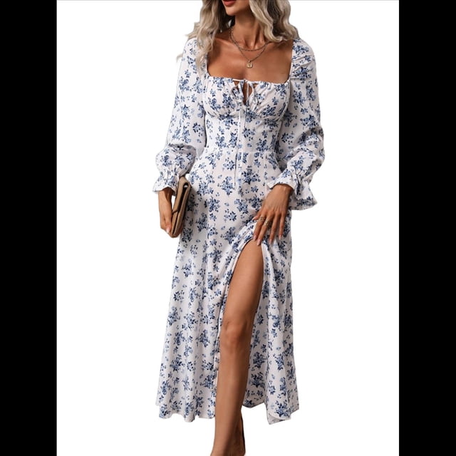 Vestido Midi Bohemio Floral de Larga con Cuello Cuadrado para Mujer, Informal, Estampado con Abertura Lateral M