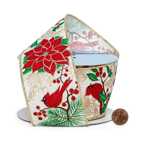 2 1/2in. Wide Poinsettia & Cardinal Print On Wired Ribbon - 10 Yards (56140828)