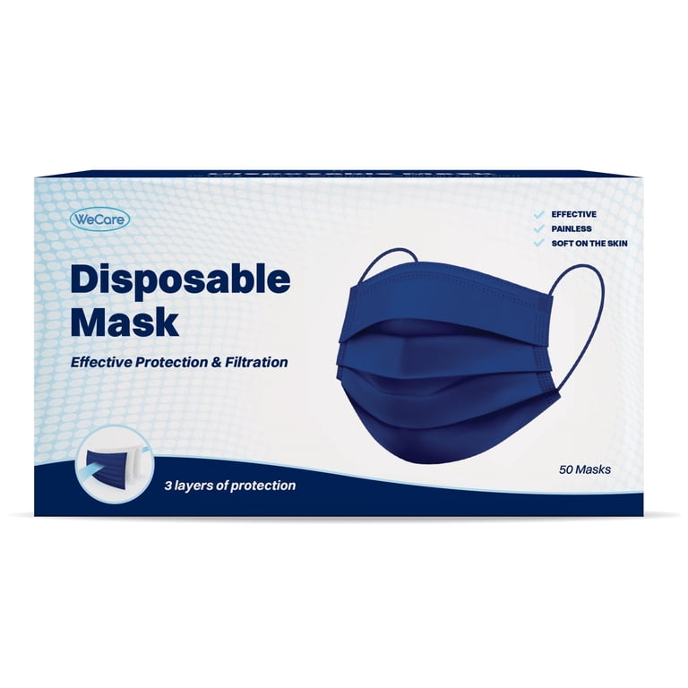 Disposable Face Masks 3-Ply Individually Wrapped , 50ct - Navy