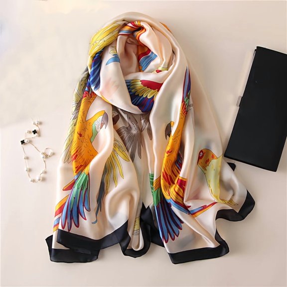 Women's Bohemian Phoenix Print Scarf Shawl, Luxury Imitation Satin Lightweight & Wrinkle-Resistant, Vibrant Multicolor Feather & Bird Design for Beach Travel