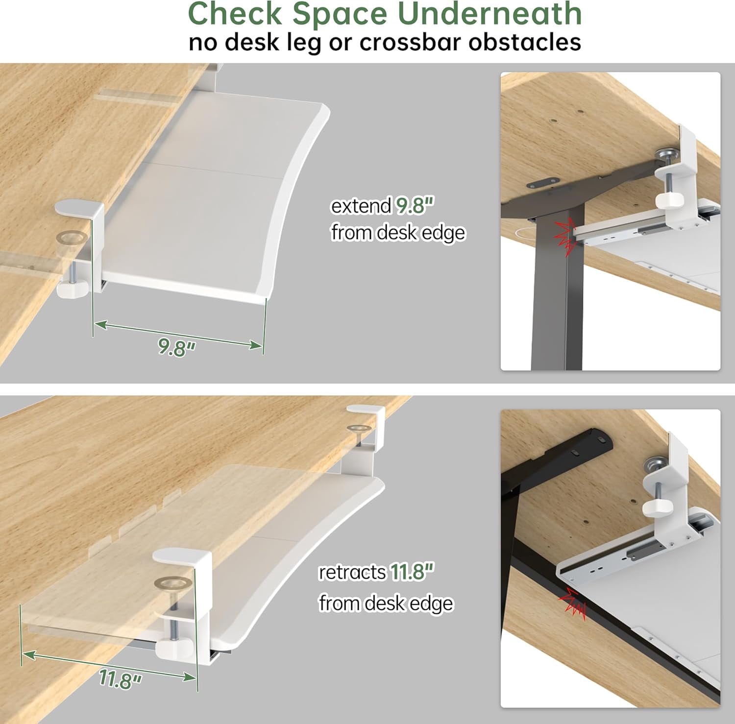 Extra Large Under Desk Keyboard Tray - Slide Out Ergonomic Computer Drawer with Sturdy C-Clip Mount, 31.5" x 11.8" White for Home Office & Gaming