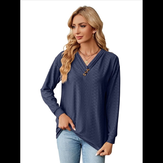 Blusas de Larga con Cuello en V para Mujer, Blusas Casuales Tipo Jersey, Blusas Holgadas y Elegantes, Blusas Tipo Túnica para Otoño. Azul Marino S