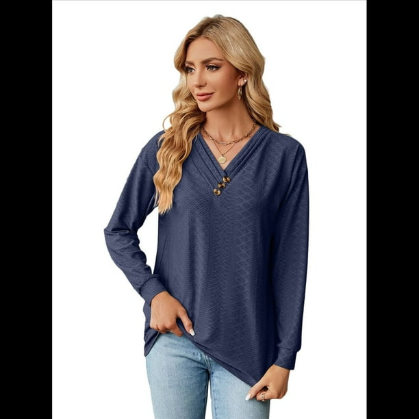 Blusas de Larga con Cuello en V para Mujer, Blusas Casuales Tipo Jersey, Blusas Holgadas y Elegantes, Blusas Tipo Túnica para Otoño. Azul Marino XXL