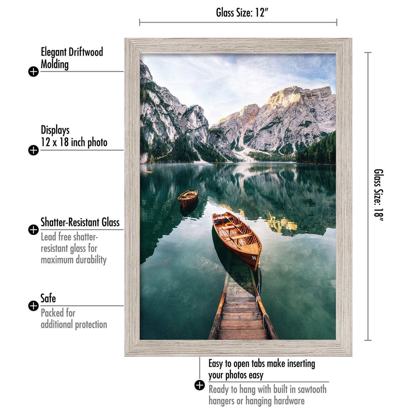 Americanflat 12x18 Picture Frame, MDF wood and shatter-resistant glass, portrait and landscape display, Driftwood