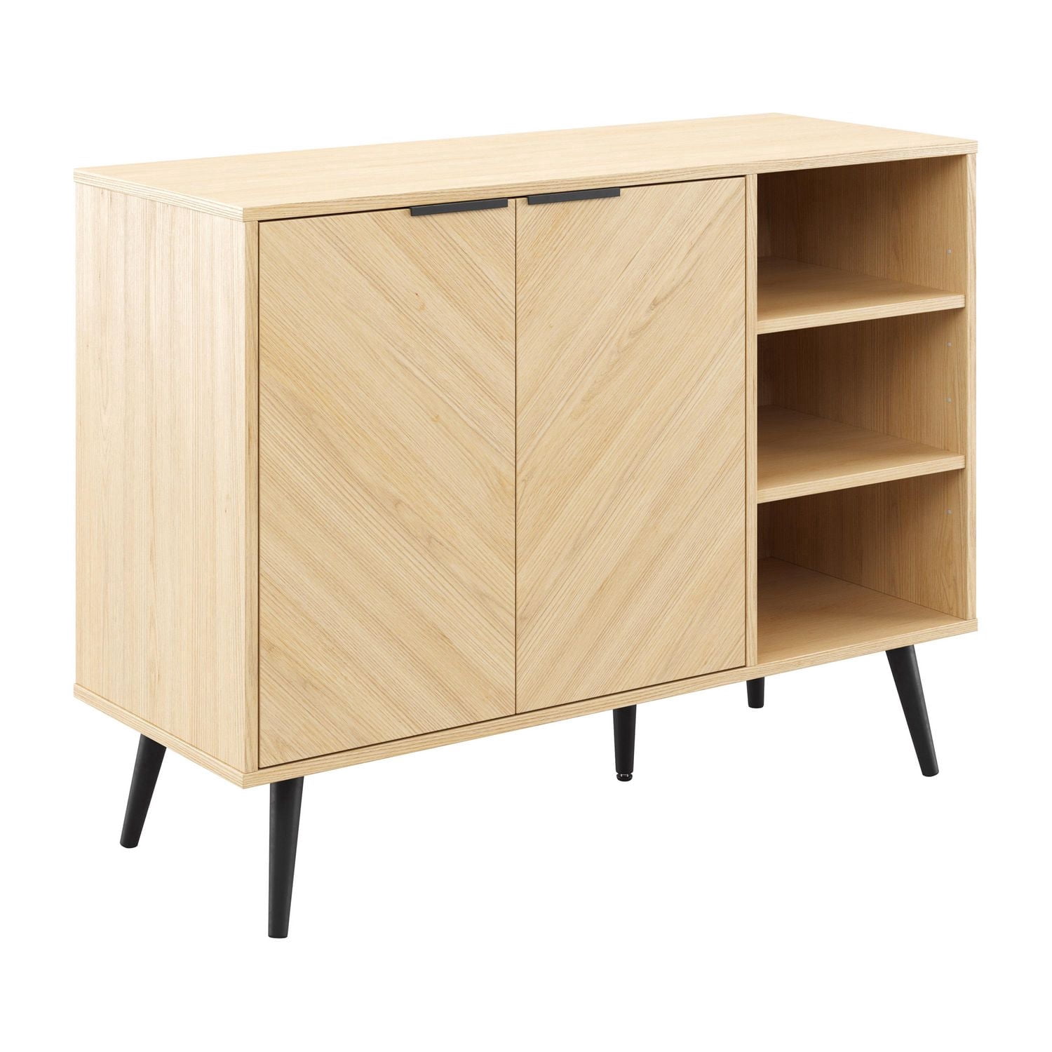 Buffet CorLiving Himari en bois d'ingénierie avec pieds en bois, 2 portes et 5 étagères, marron clair