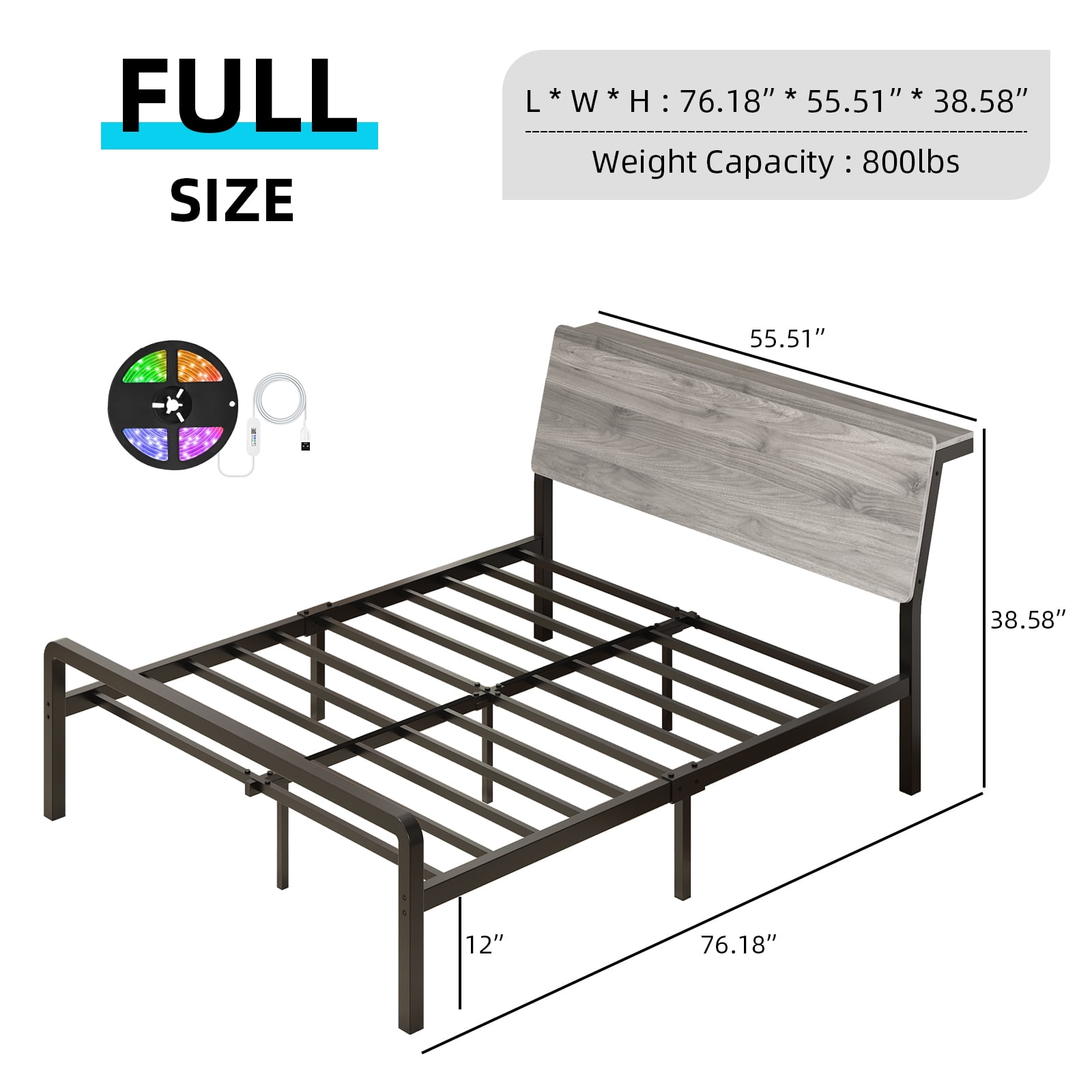4 EVER WINNER Full Bed Frame with Storage Headboard and LED Light, Metal Platform Bed Frame with Wooden Headboard, No Box Spring, Gray