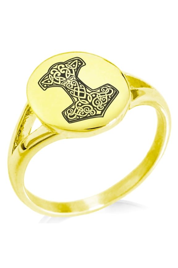 Stainless Steel Thor's Hammer Mjolnir Knot Viking Norse Minimalist Oval Top Polished Statement Signet Ring