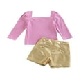 thumbnail image 1 of Toddler Kids Girls 2 Pieces Outfits  Solid Color Knitted Ribbed Puff Long Sleeve Tops + PU Leather Buttons Shorts Set, 1 of 9