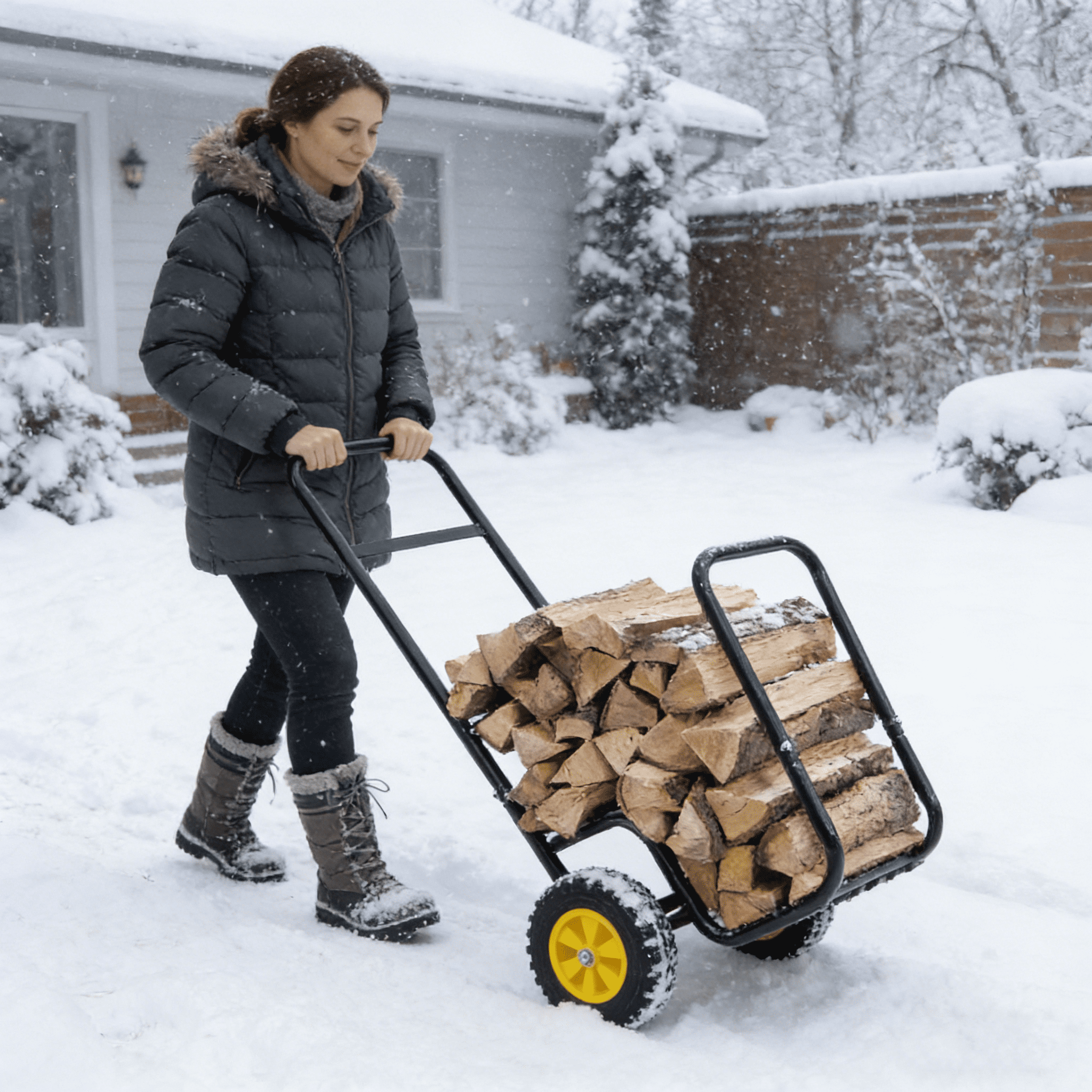 Dolly, Firewood Log Cart Carrier - Outdoor or Indoor Black Steel Wood Rack Storage Mover - Rolling Wheeled Metal Dolly Hauler - Wood Moving Equipment, Black Hand Truck,Iron Furniture Dolly