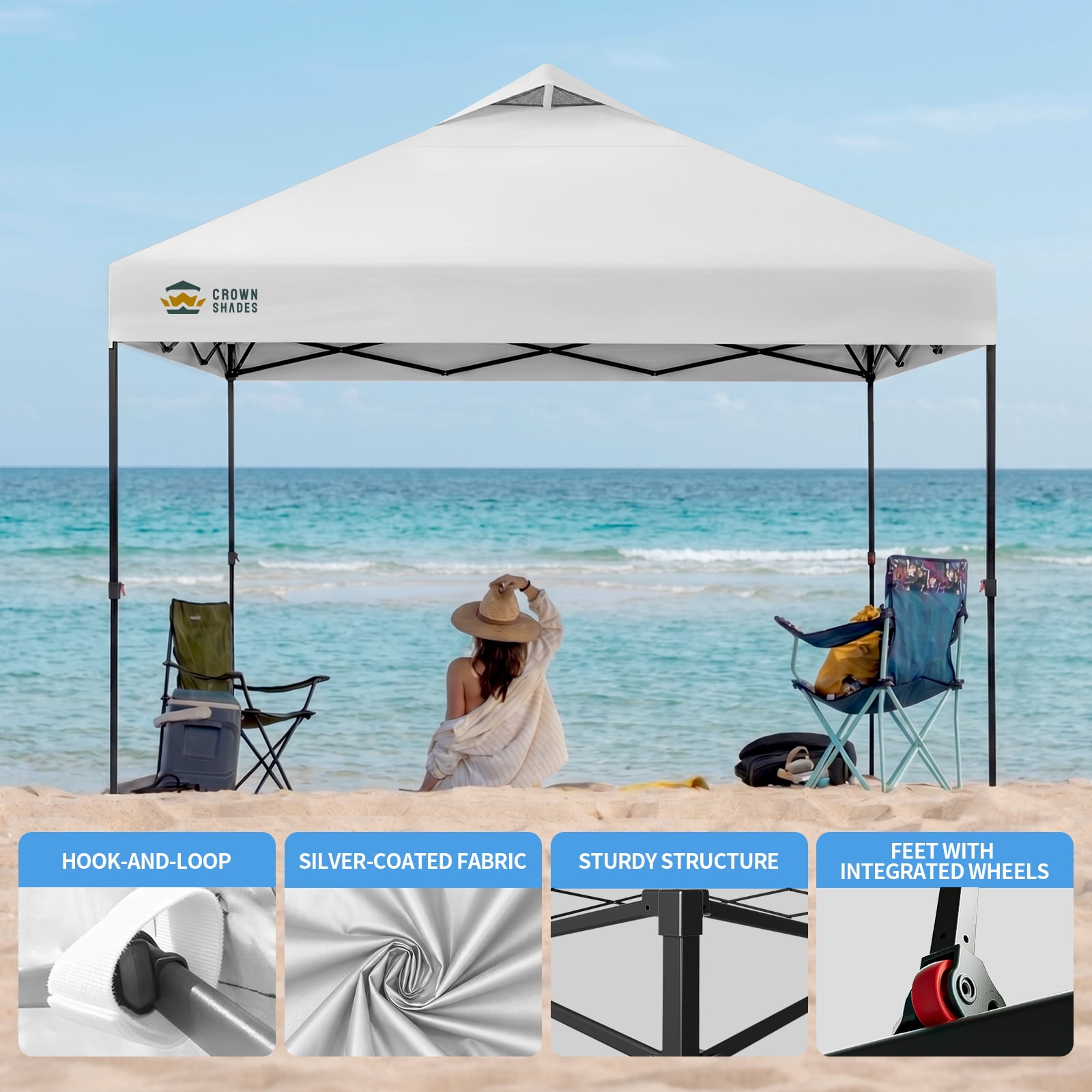 CROWN SHADES 10x10 Pop Up Canopy Patented Center Lock One Push Instant Outdoor Canopy Tent White