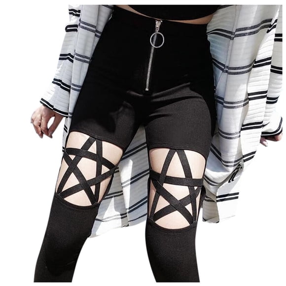 Pantalones Prolriy para mujer, pantalones góticos con cremallera de estrella y cintura de cinco puntas, leggings punk huecos, pantalones altos para mujer, pantalones negros XL