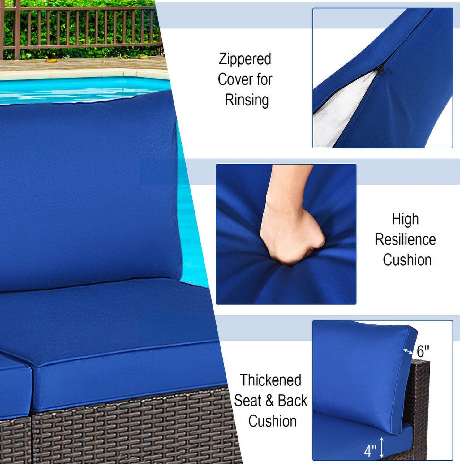 Aimee Lii 2 Pieces Patio Rattan Armless Sofa Set with 2 Cushions and 2 Pillows, Outdoor Patio Set, Navy