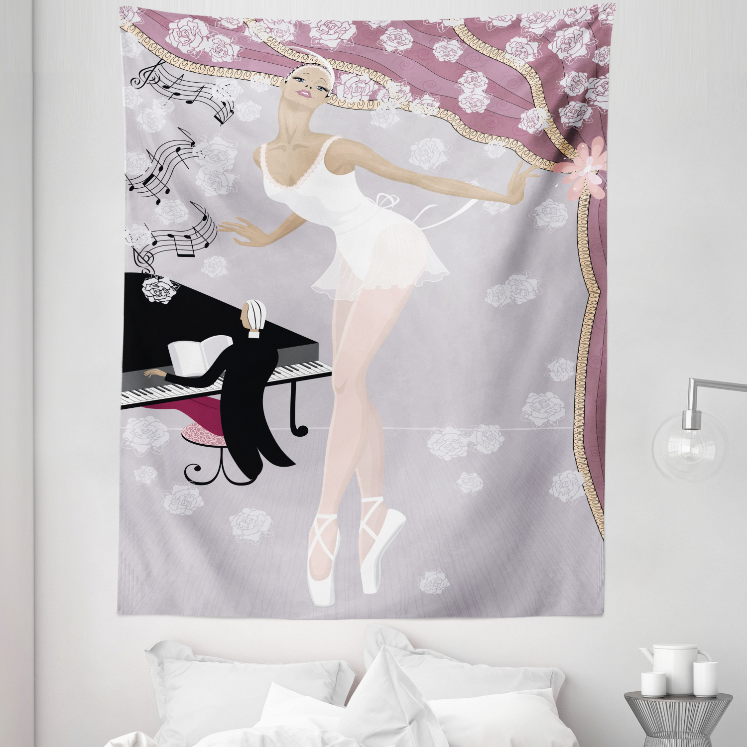 Ballet Tapestry, Graceful Ballerina on Stage Showered Flowers and ...