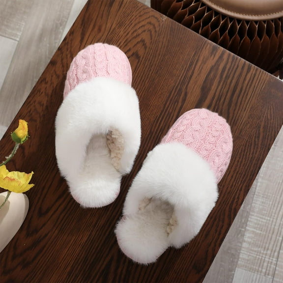 Viluyesy Womens Knit Fuzzy Slippers, Slip-On Cozy Sole Soft Plush Winter Warm Bedroom Home Shoes Pink