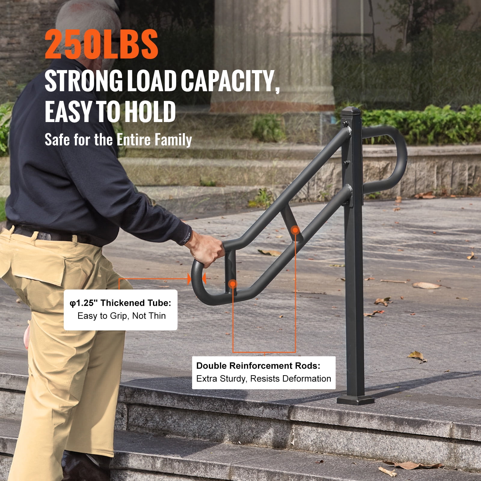 VEVOR Single Post Handrail for Outdoor 1-3 Steps, 40.5" L x 35.4" H Metal Bent Stair Handrails, Floor Mounted Carbon Steel Stair Railing, U-Shaped Post Grab Rails with 2 Anti-Skid Crossbar for Garage