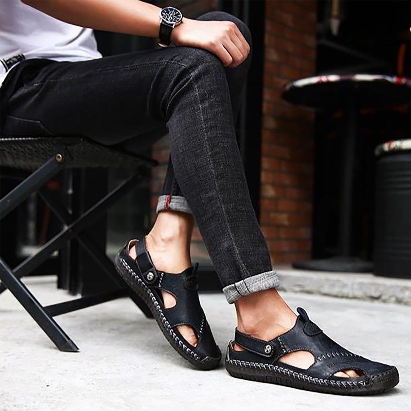 J1413 Navy Blue Man Sandals Slippers Models, Genuine Leather Man Sandals  Slippers Collection