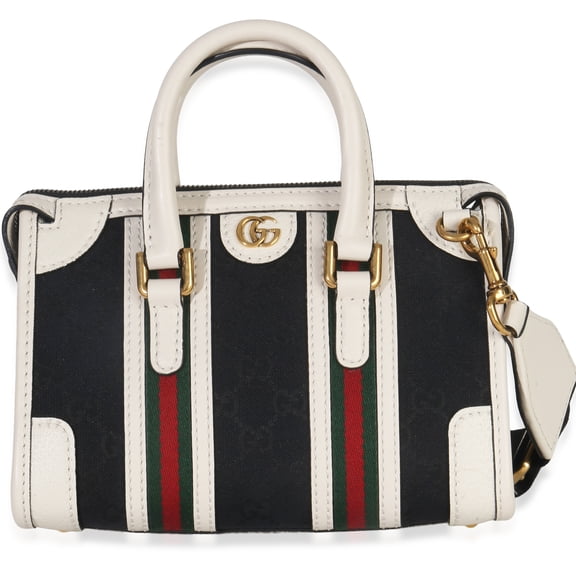 Pre-Owned Gucci Black White Canvas Mini Double G Top Handle Bag