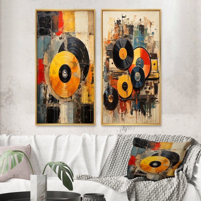 Designart "Retro Vibes in Colorful Vinyl I" Vinyl Records Framed Wall Art Set Of 2 - Multi-Color Fashion Gallery Wall Frame Set For Home Decor