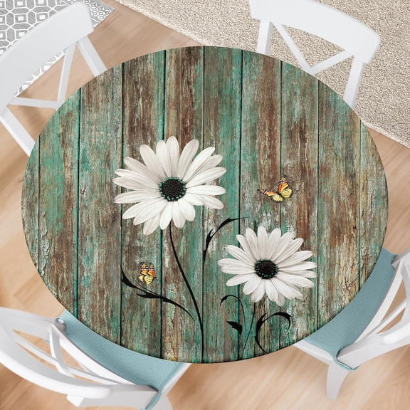Daisy Floral Round Fitted Tablecloth with Elastic Edge Wood Texture Outdoor Tablecloth Waterproof Table Cover for Picnic Dinner Party Decor Fits 48"-52" Diameter Round Tables