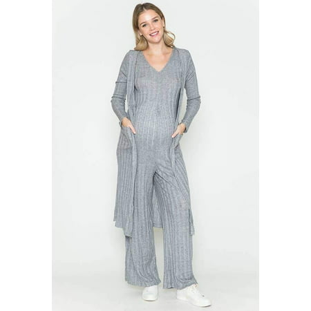 

Women Marternity Solid Rib Babydoll Jumpsuit and Cardigan Set