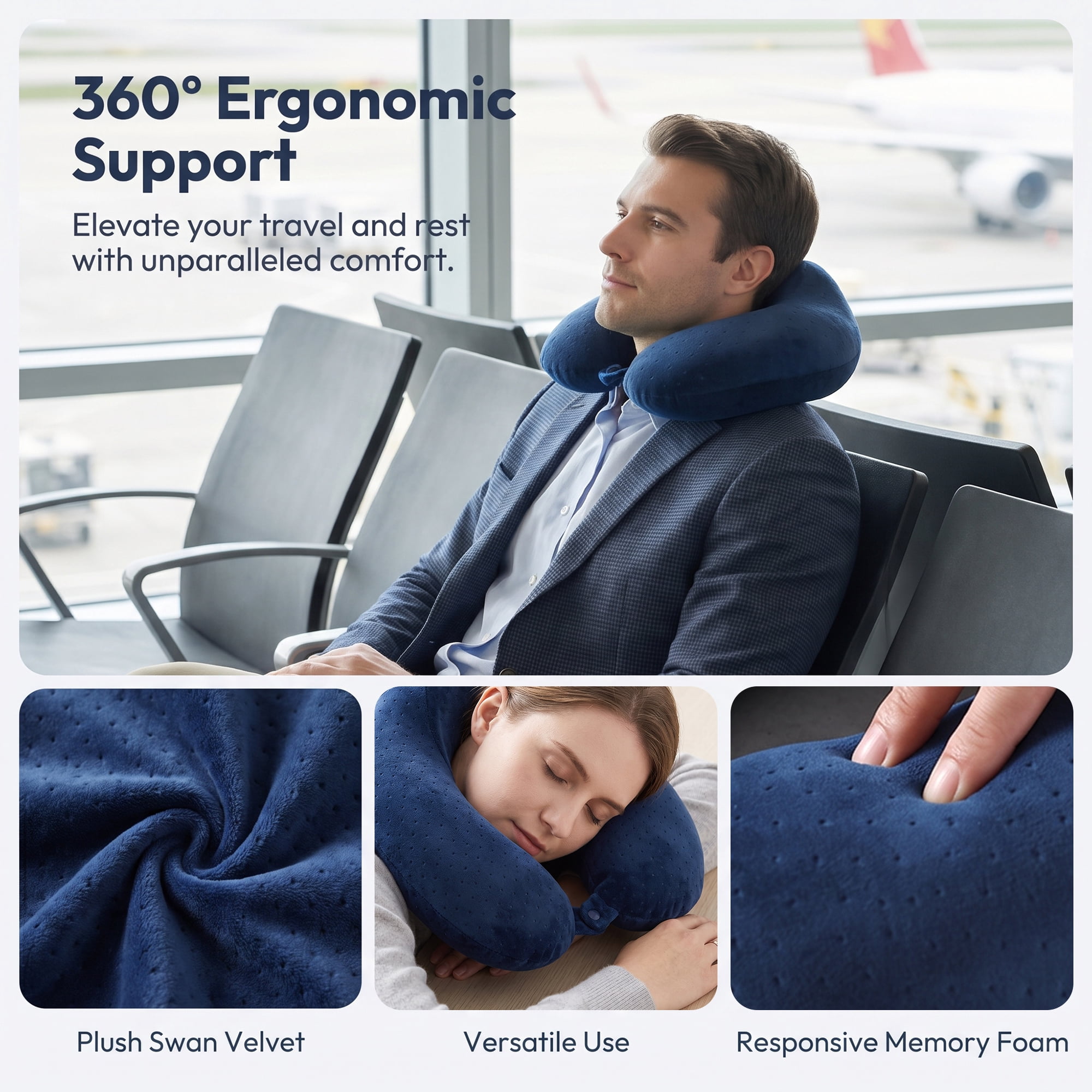 Unique Bargains Memory Foam Neck Pillow U Shape with Snap Closure Navy blue 12"x12"x5"