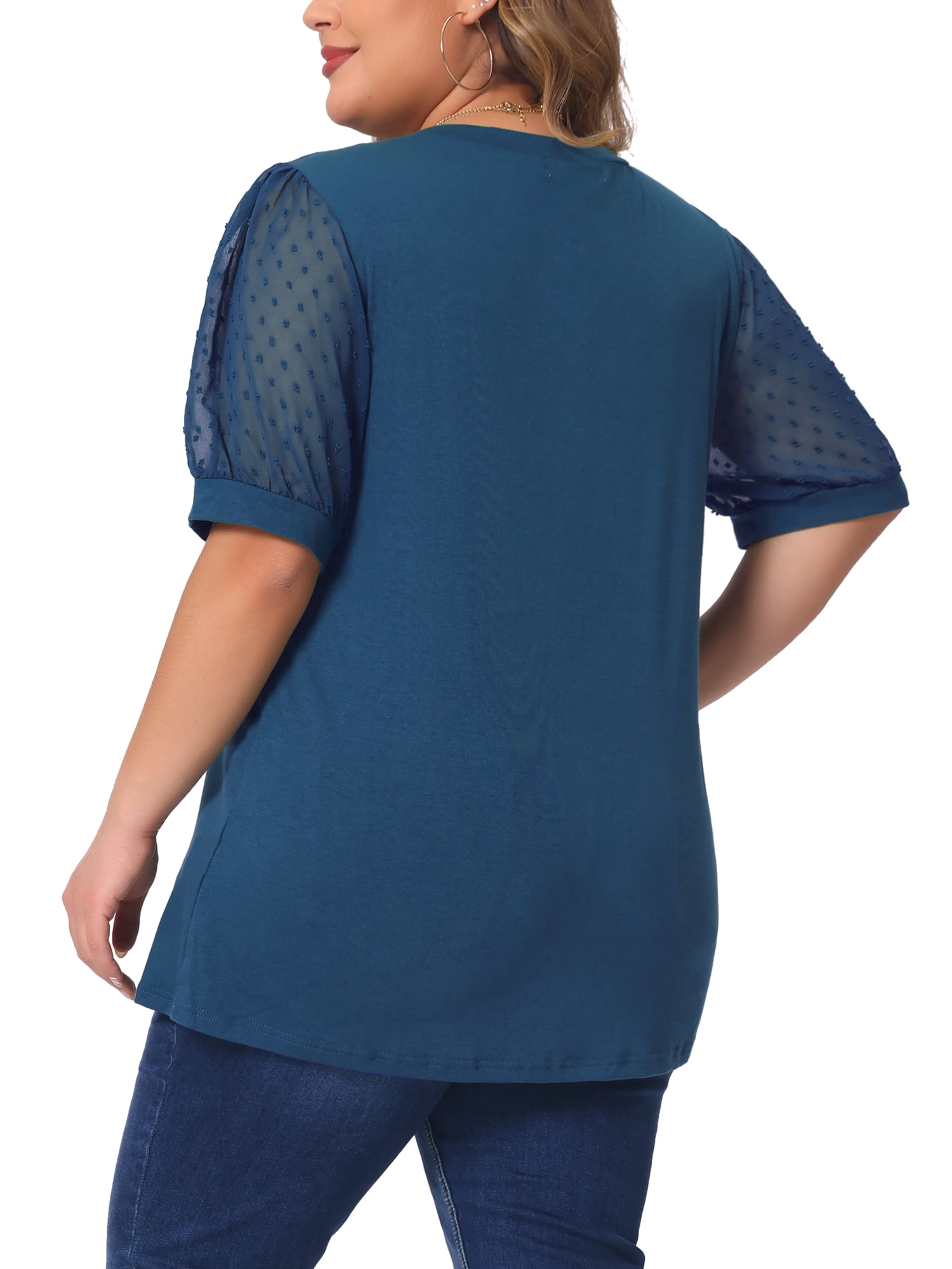 DARING DIVA Women's Plus Tops V Neck Swiss Dots Puff Sleeve Casual Blouse 2X Dark Blue