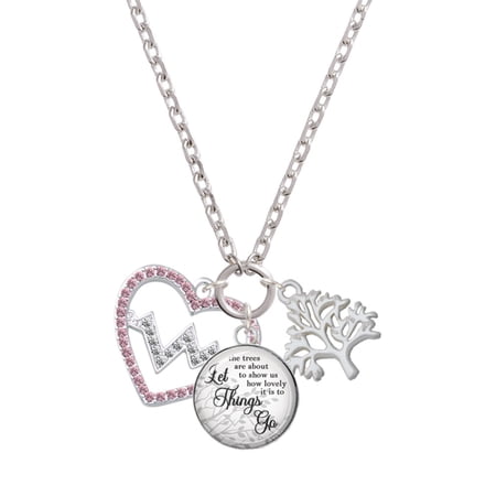 Delight Jewelry Silvertone Large Pink Crystal Heart with Clear Heartbeat Let Things Go Fall Zoey Charm Necklace, 28"