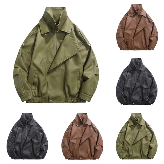 HOMADLES Mens Leather Jacket Solid Color Waterproof Vintage Zip Up Jackets Long Sleeve Casual Jacket Green Size 2XL