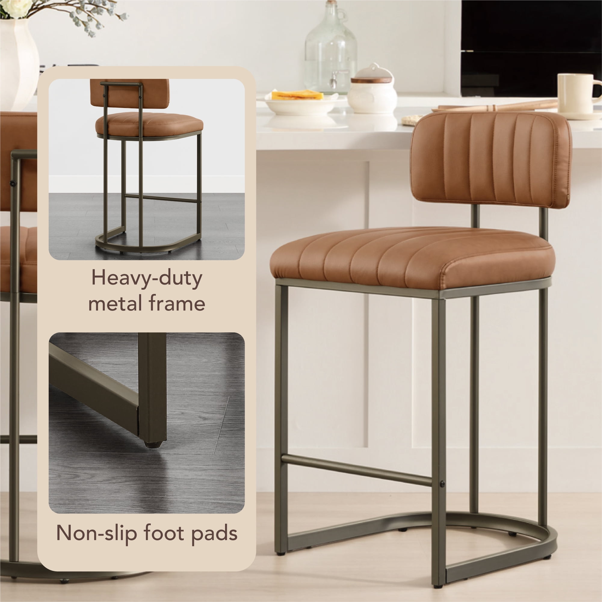 Spruce & Spring 26" Fixed Counter Height  Bar Stools Set of 3, Upholstered Counter Chairs with Curved Back & Channel Tufting, Metal Base for Kitchen Island & Home Bar, Brown Faux Leather